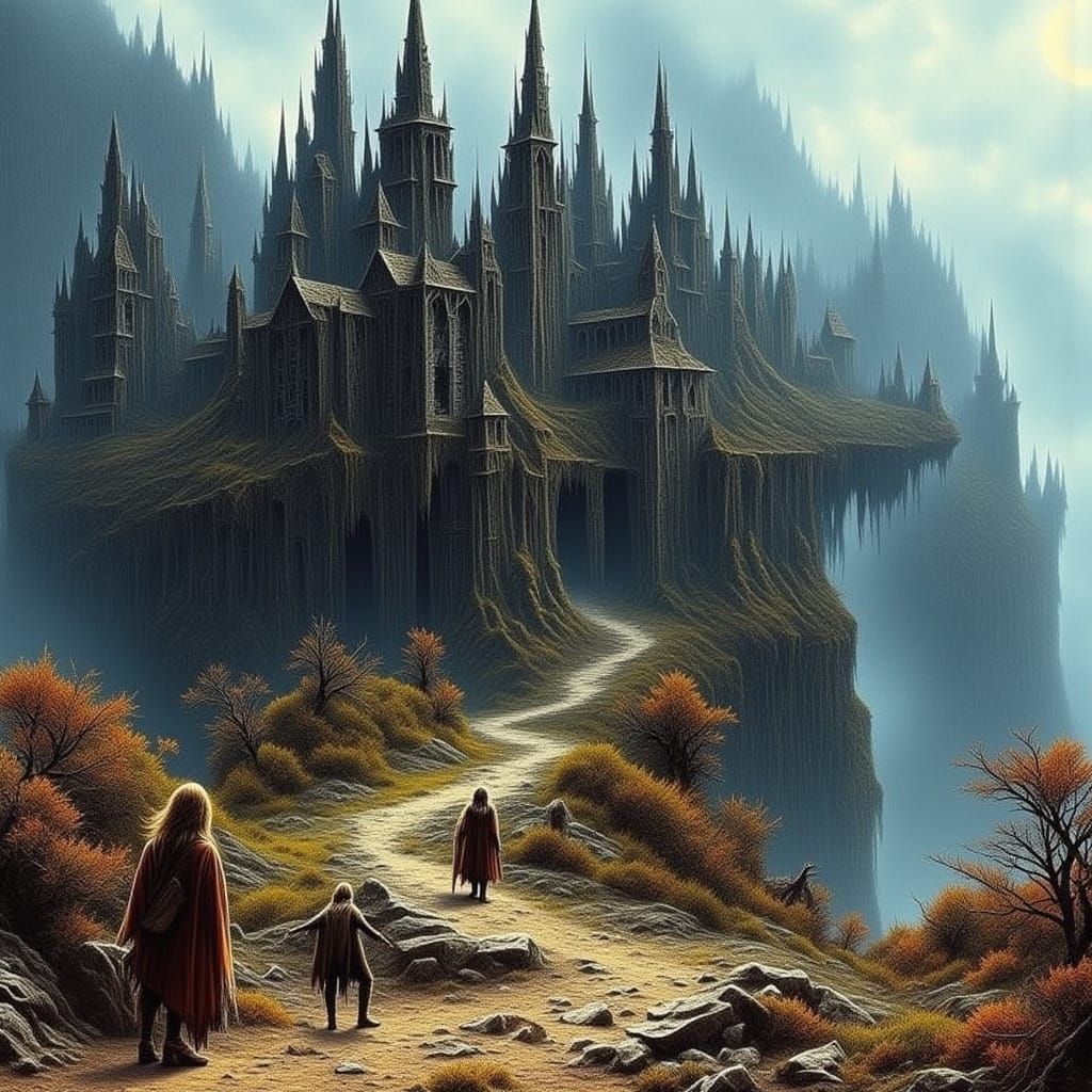 Fantasy Travelers Approach Fortress, Atmospheric Digital Art