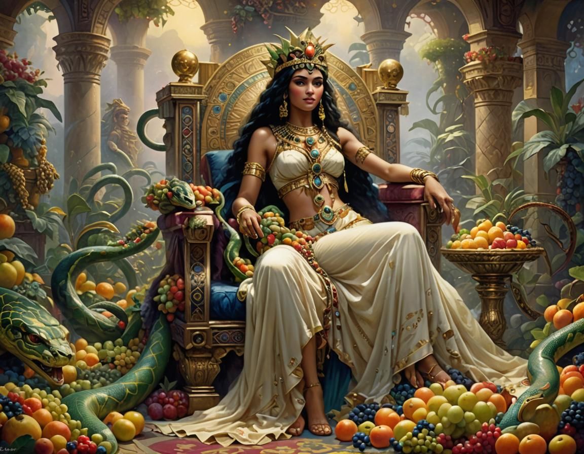 Cleopatra on Fruit Throne in Ethereal Fantasy Style