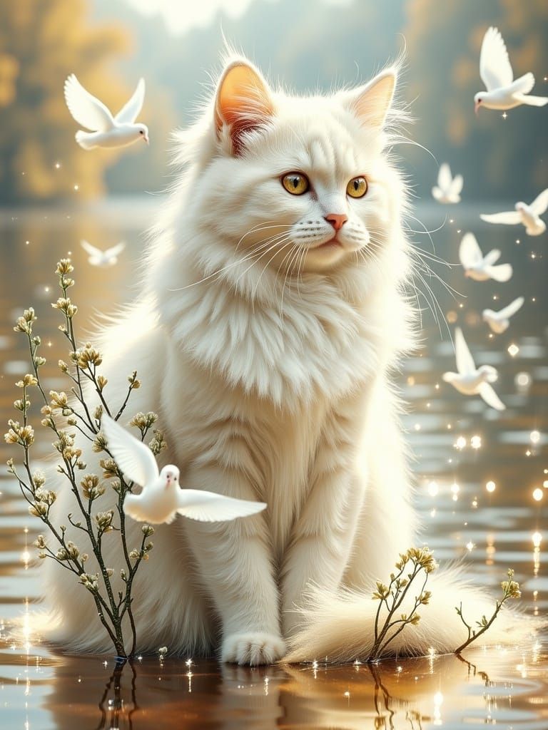 Whimsical Cat with Serene Landscape and Flying Doves