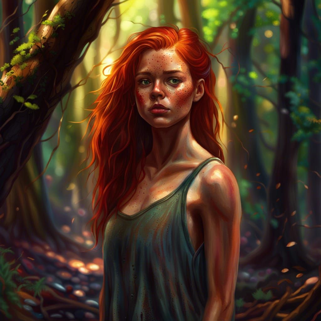 Hyperrealistic Redhead Teen in Forest, Splash Art