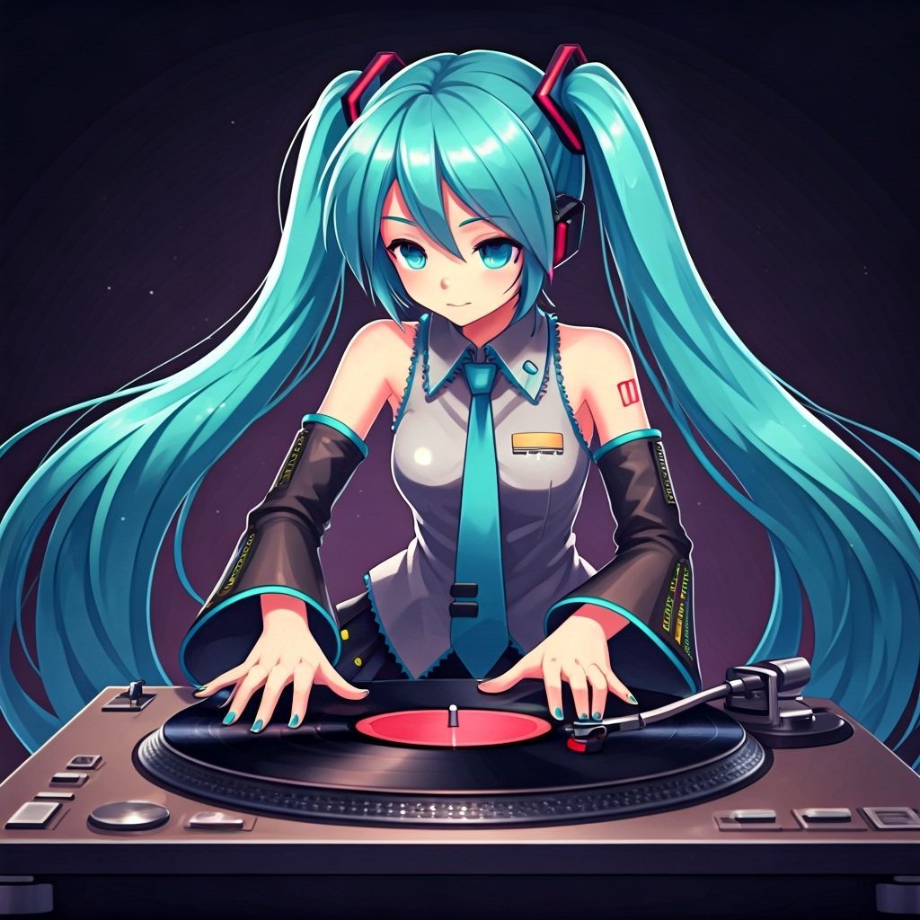 Hatsune Miku DJs a Vinyl Record with Neon Accents