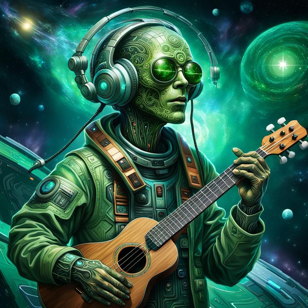 Cyborg Musician in Spaceship Galaxy, Astral Illustration
