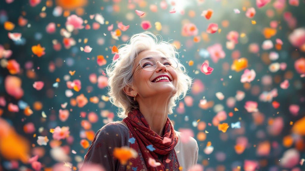 Surreal Flower Petal Rain on Happy Senior Woman