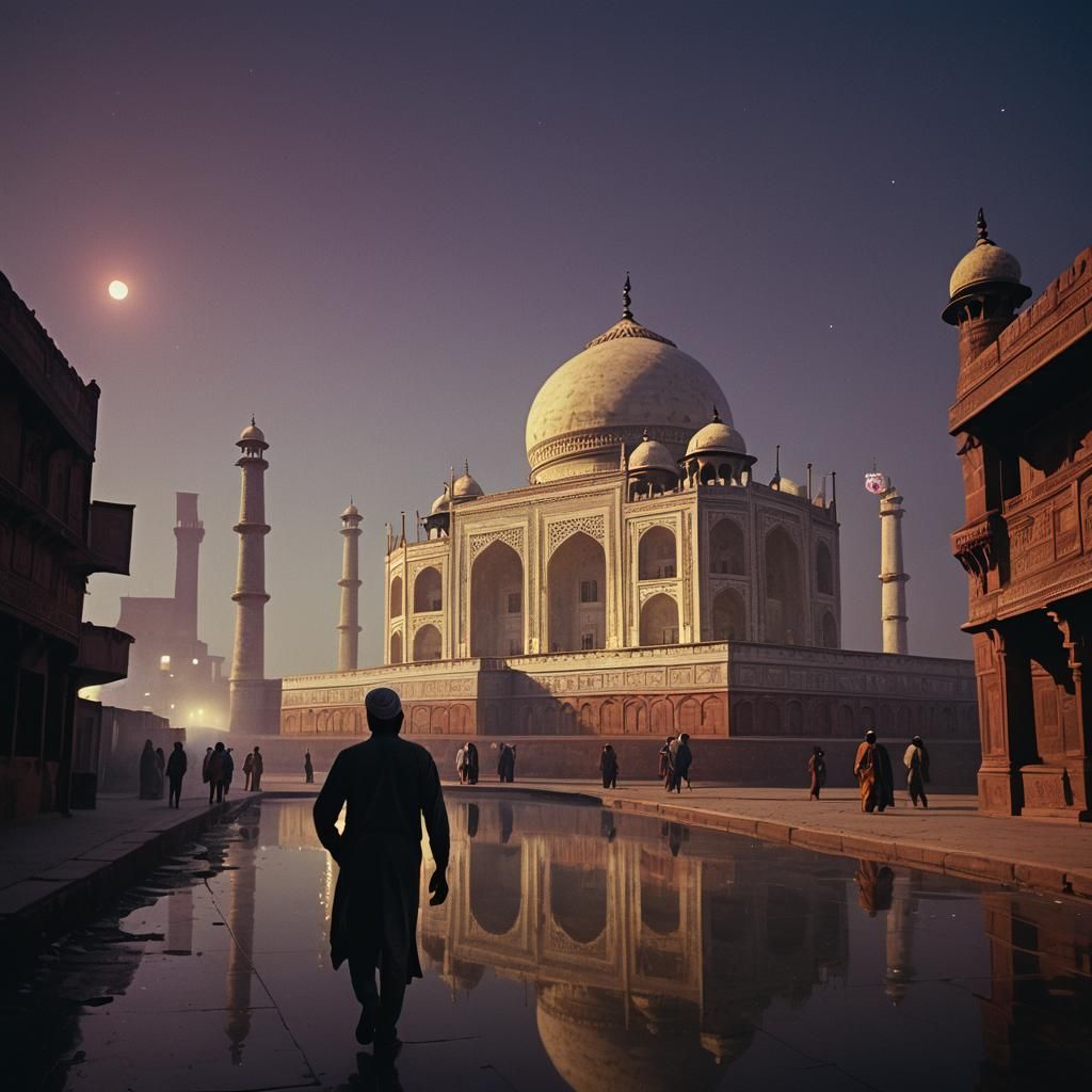 Taj Mahal in Neon-Lit Alley: Cinematic Film Still