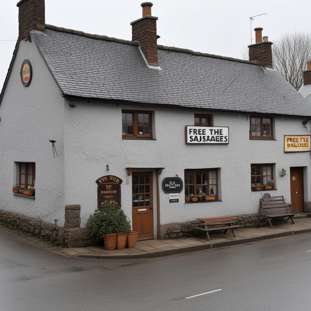 Bleak Village Scene with Grey Houses and Sausage Shop