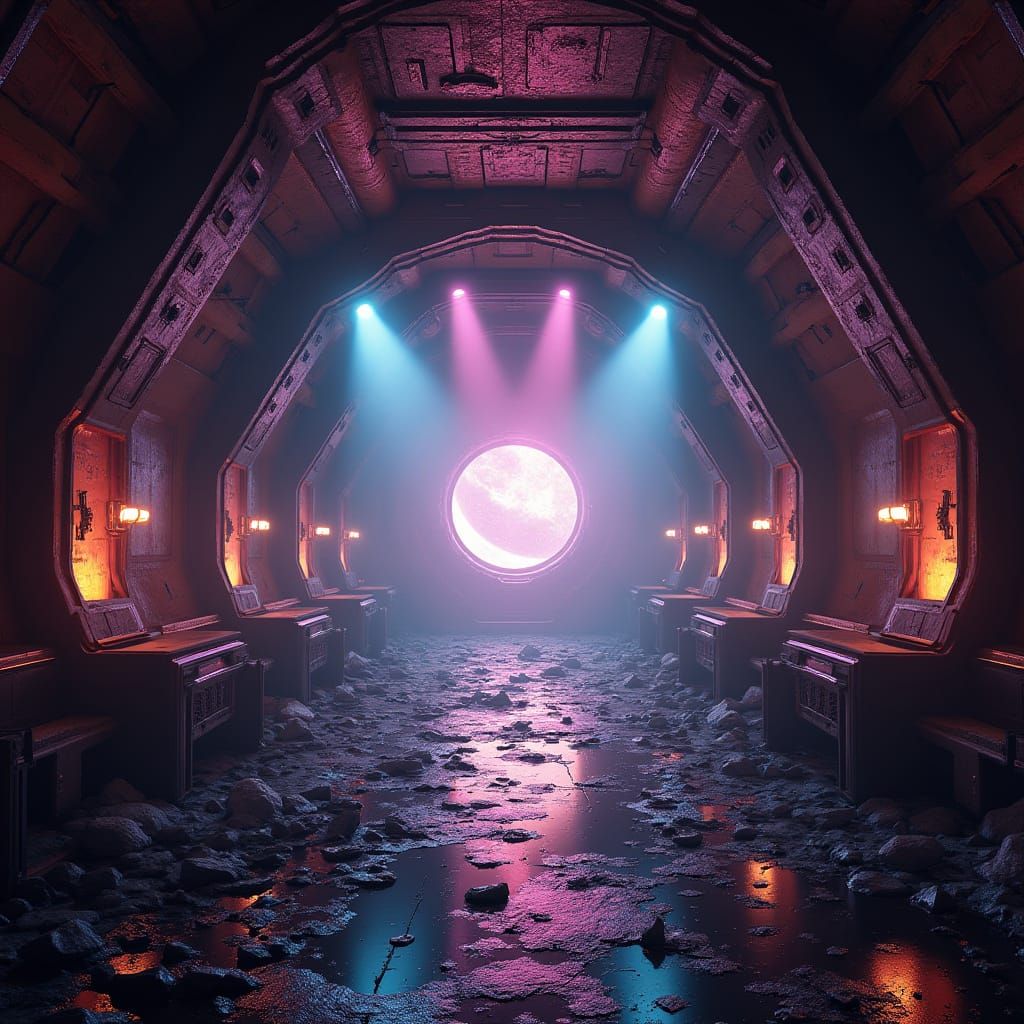Damaged Spaceship Interior in Fantastical Colors