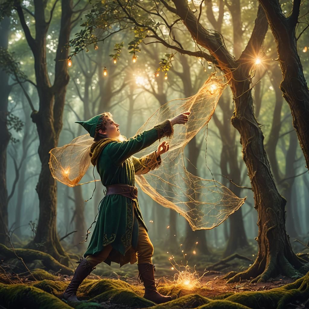 Elf Throws Magical Net in Mystical Forest