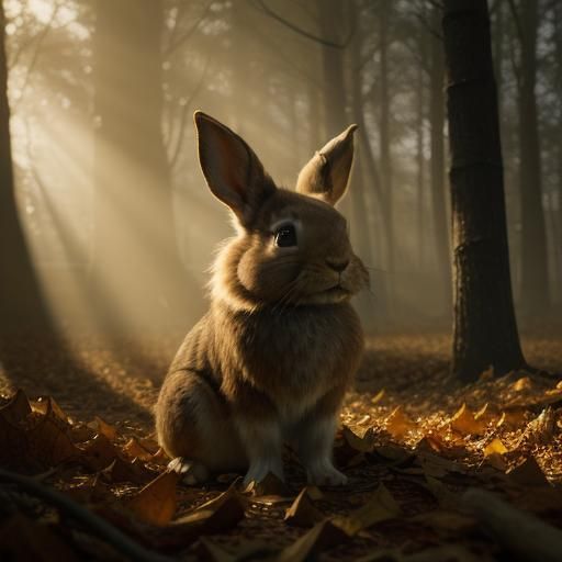 Rabbit in Sunny Autumn Forest, 3D Portrait