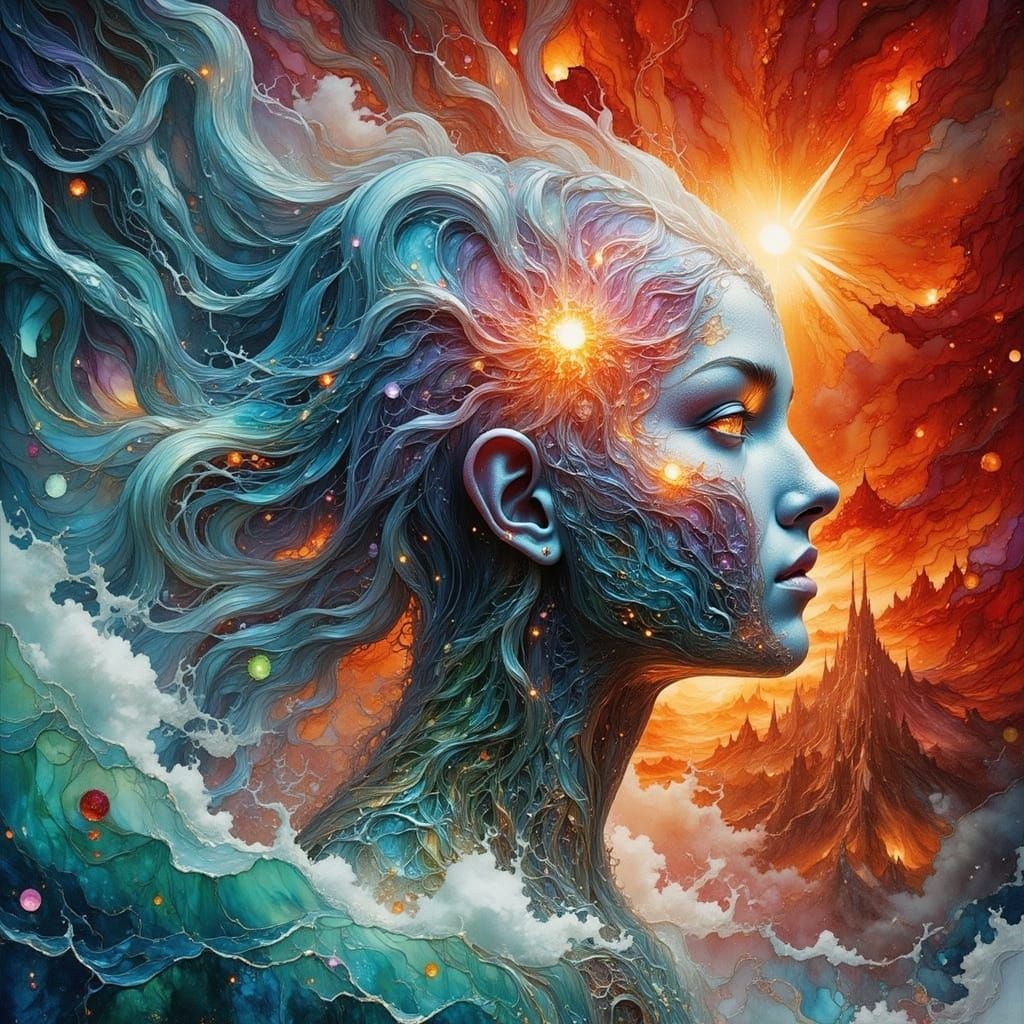 Futuristic Dreamscape: Woman in Neon Green and Orange