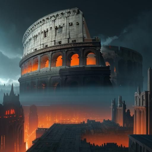 Colosseum Rises in Futuristic Cityscape: Matte Painting