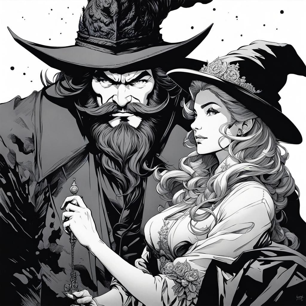 Wizard and Beast in Detailed Ink Art Style