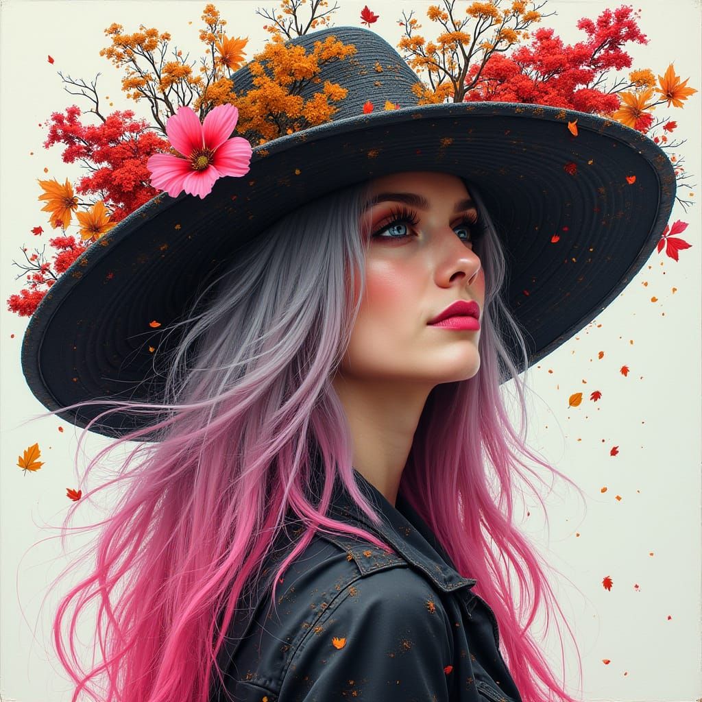 Woman in Flower Hat with Graffiti Style Art