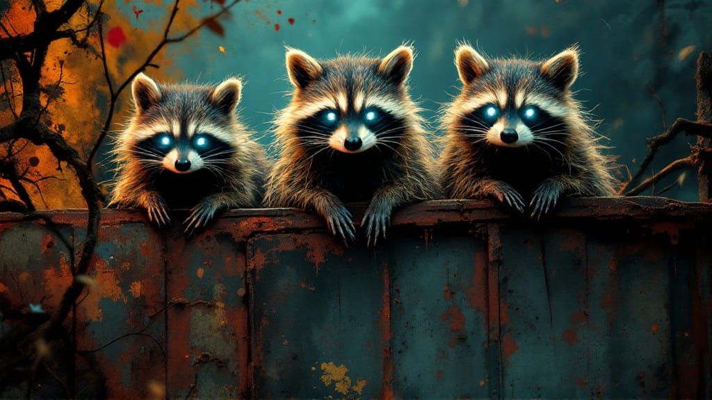 Mystical Raccoon Trio Amidst Surrealist Landscape