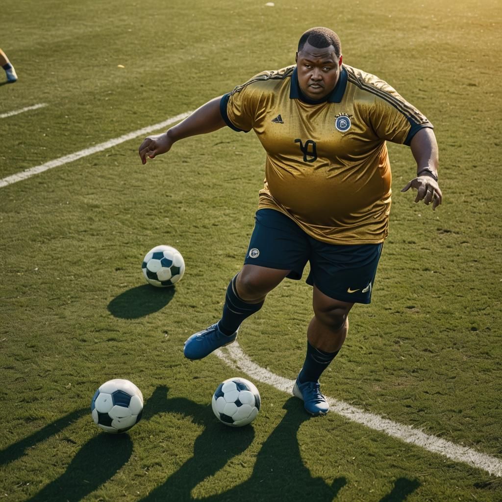 Overweight Man Dribbling Soccer Ball: Vivid Digital Art