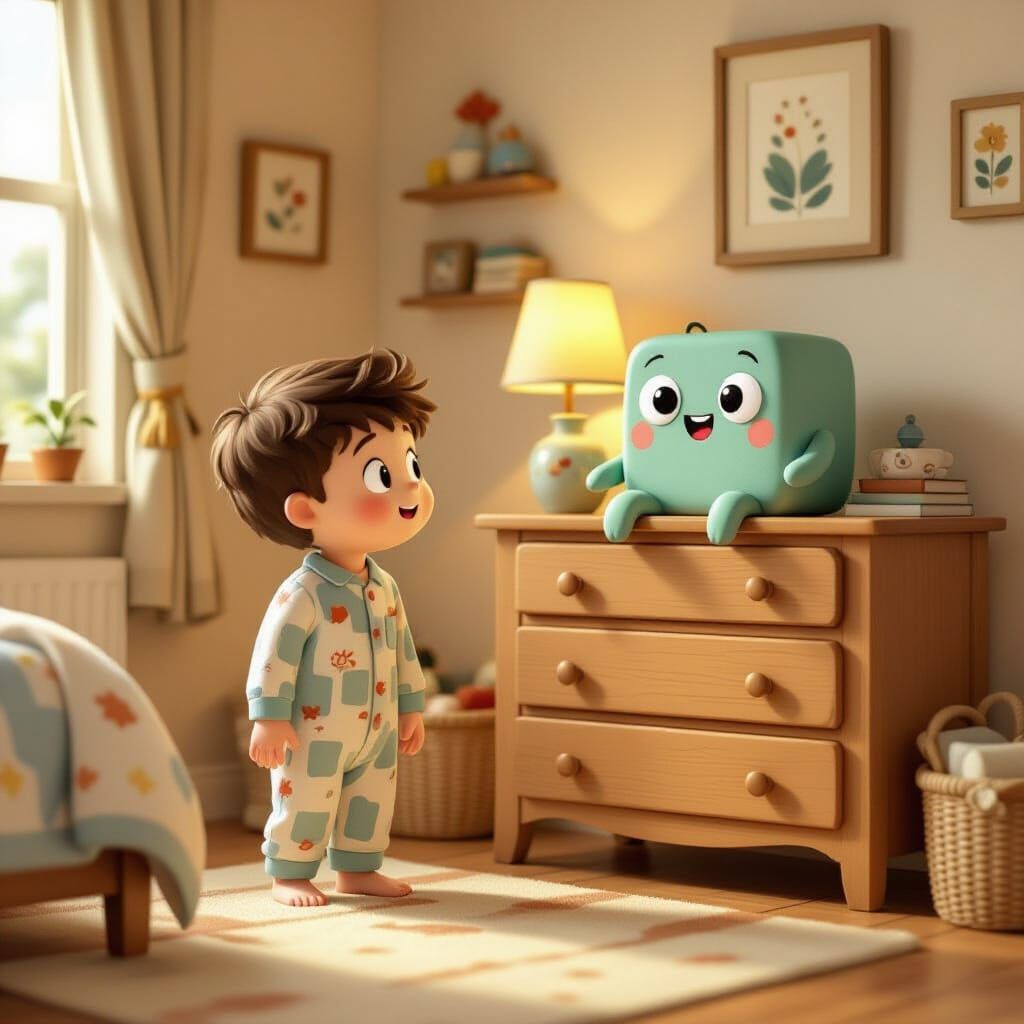 Animated Book Climbs Down Dresser in Cozy Bedroom Scene