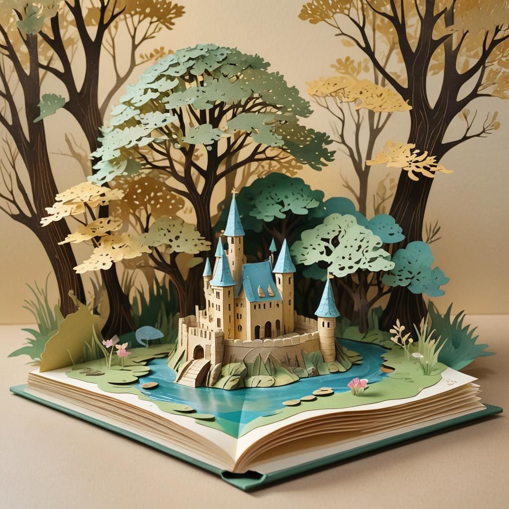 In a whimsical pop-up book world, each page bursts to life with vibrant scenes and intricate paper cut-outs, creating a ...