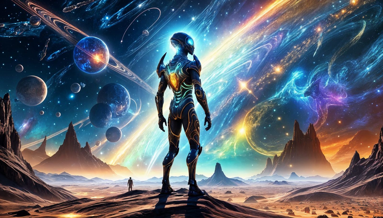 Cosmic Alien Guardian in Fantasy Landscape