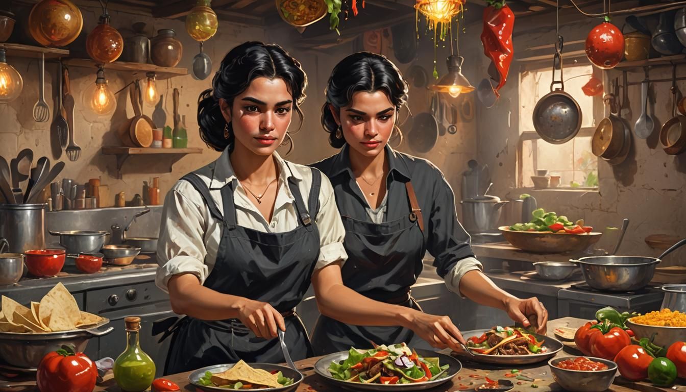 "amazing beautiful dark haired mexican female preparing tasteful fresh tacos, female in her flat, ,1950s , pretty face, ...