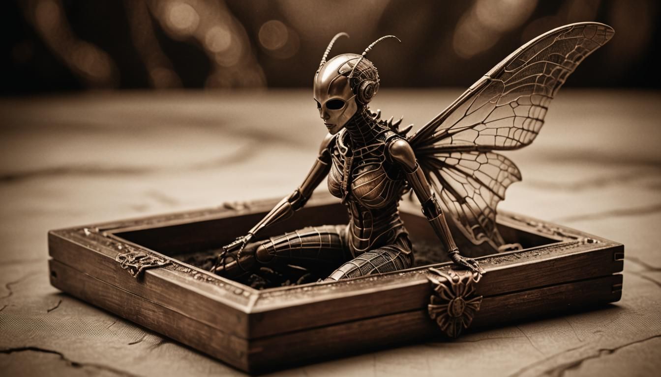 Insectile Dancer in Mahogany Box, Sepia Photograph