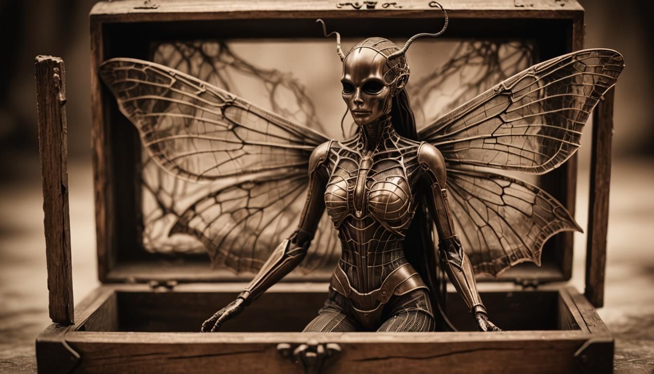 Insectile Dancer in Mahogany Box, Sepia Photograph