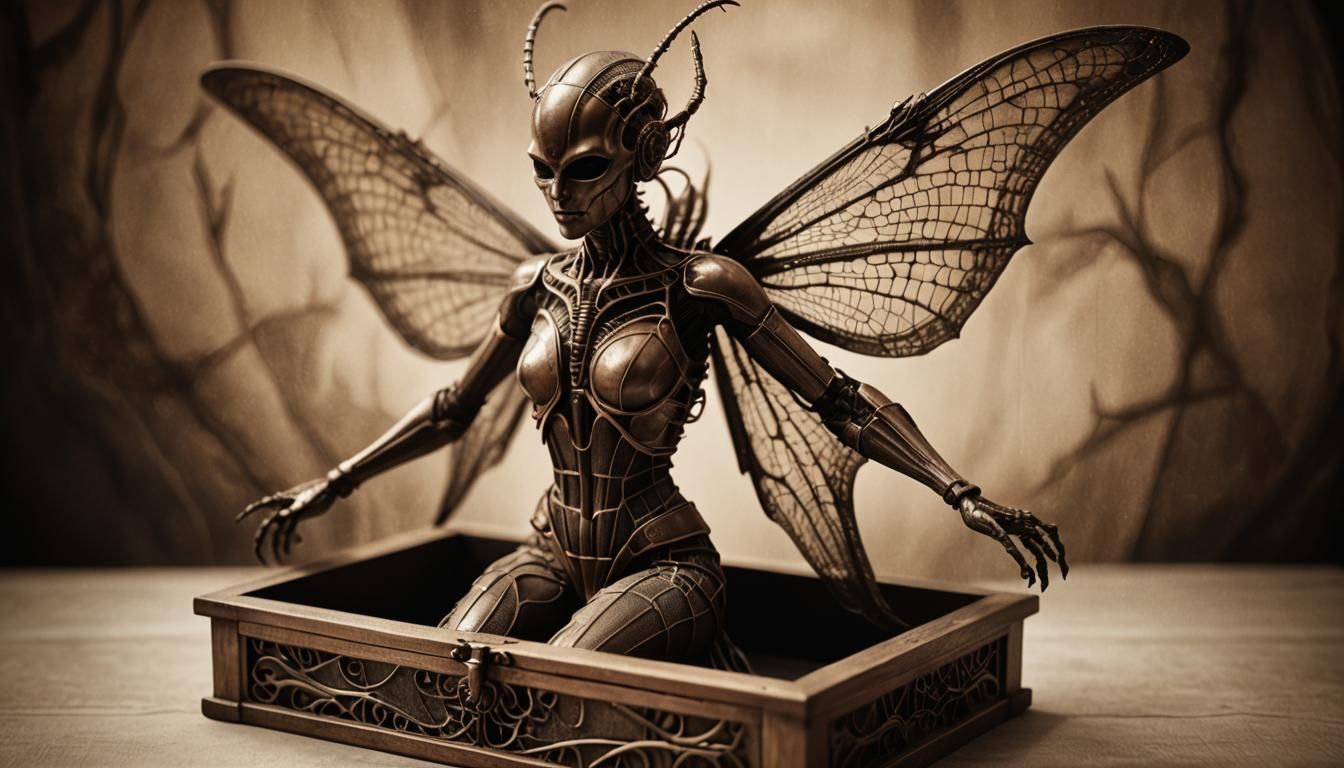 Insectile Dancer in Mahogany Box, Sepia Photography