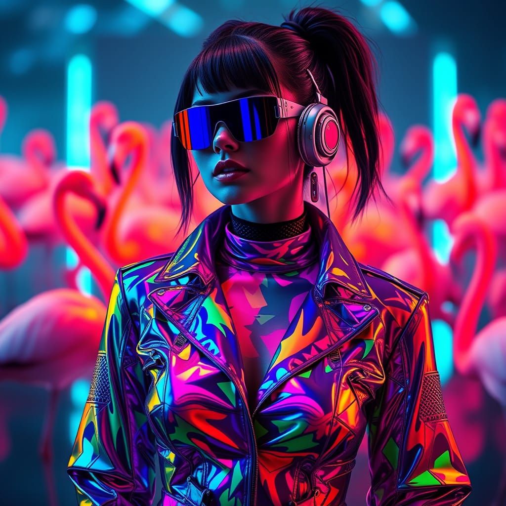 Glowing Cyberpunk Goddess Among Flamingos in Kaleidoscope Co...