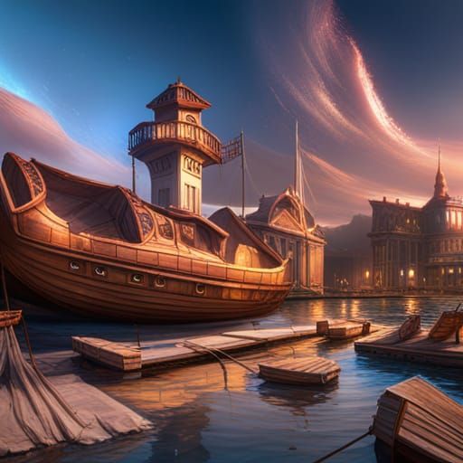 Fantastical Boats in Detailed Matte Painting