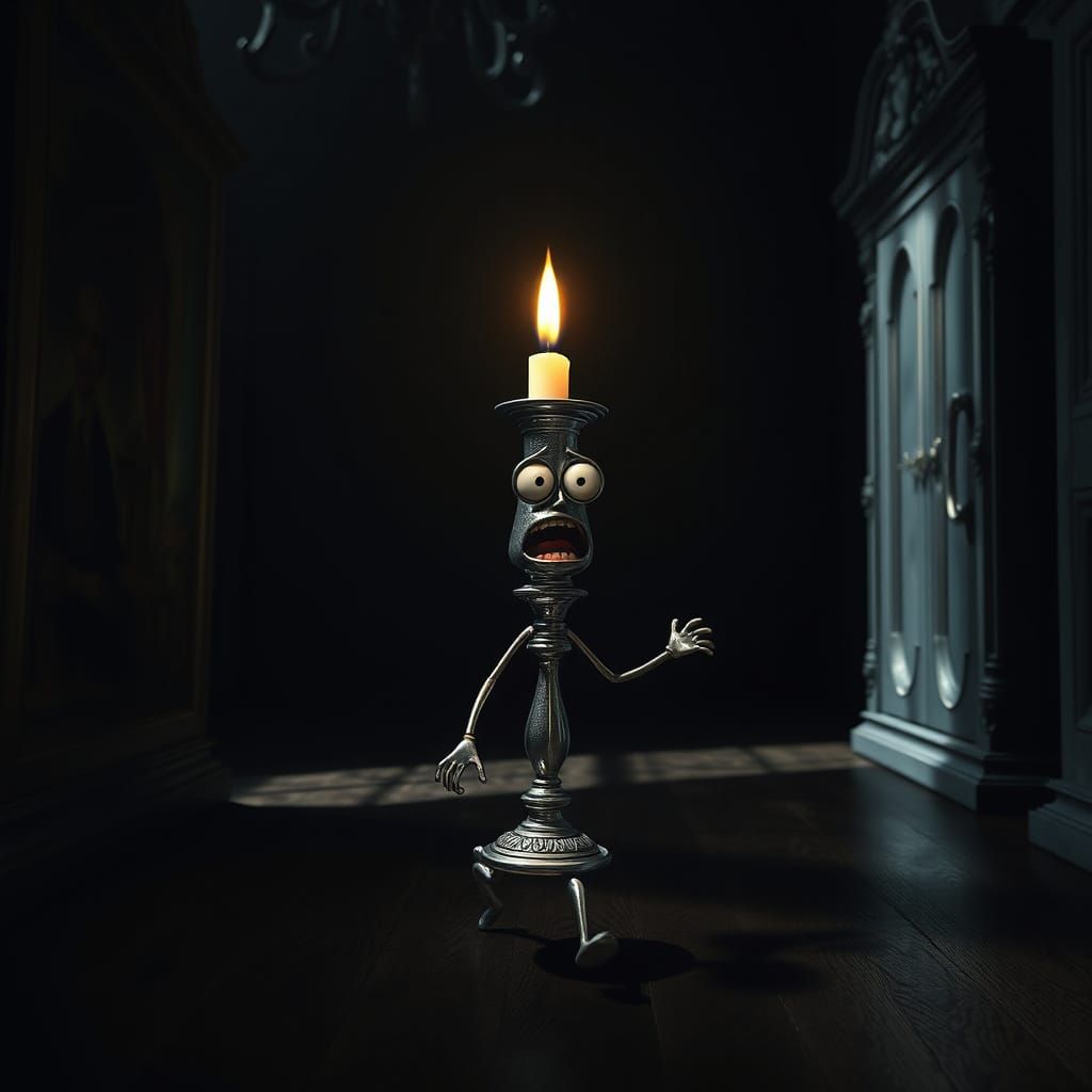 Frightened Candlestick Explores Dark Castle Hall