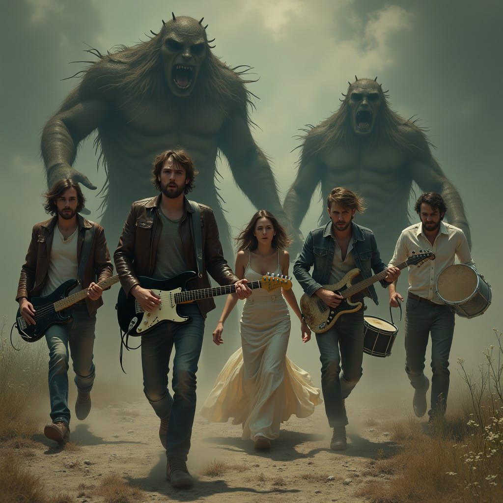 Grunge Rockers Flee Fantasy Giants in High-Contrast Chaos