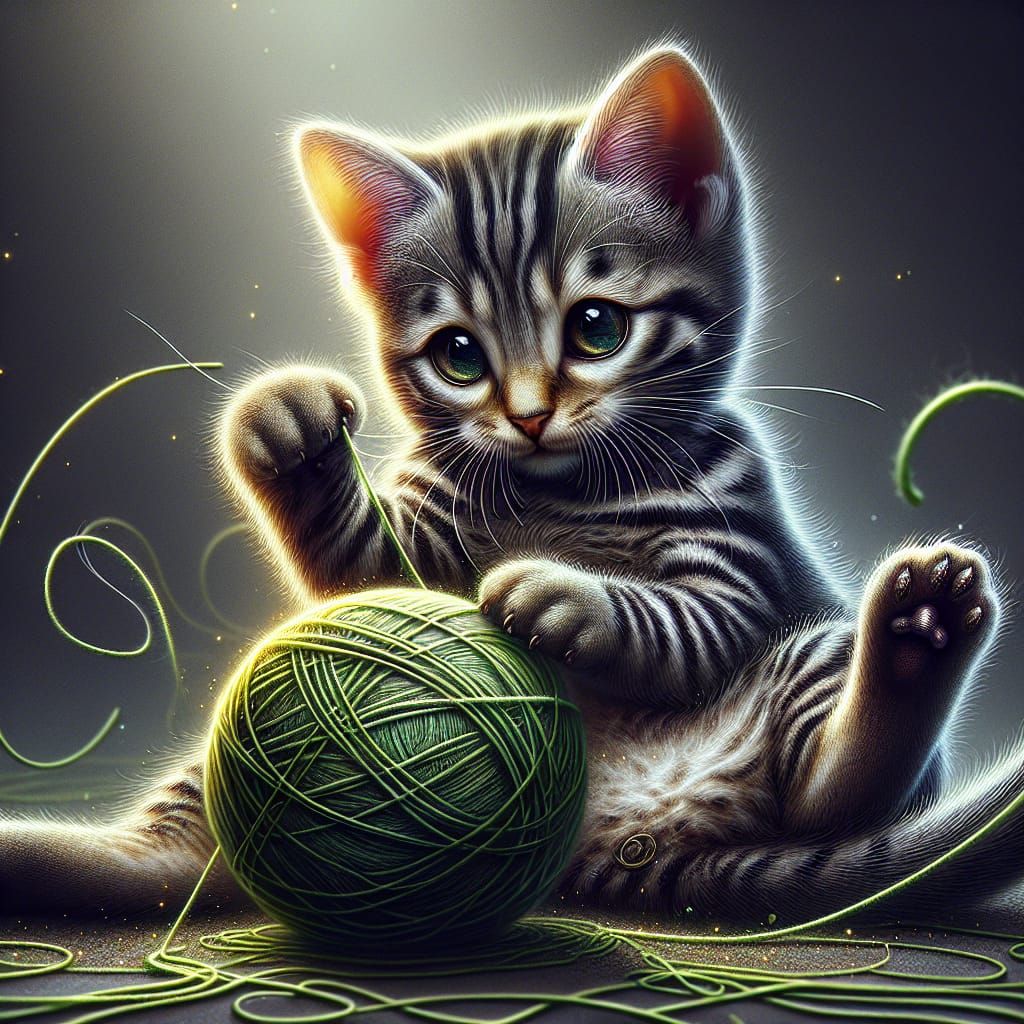 Cute Tabby Kitten Playing with Green String