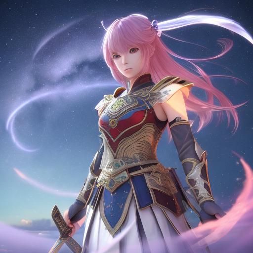 Ethereal Princess Warrior in Vibrant Moonlit Landscape
