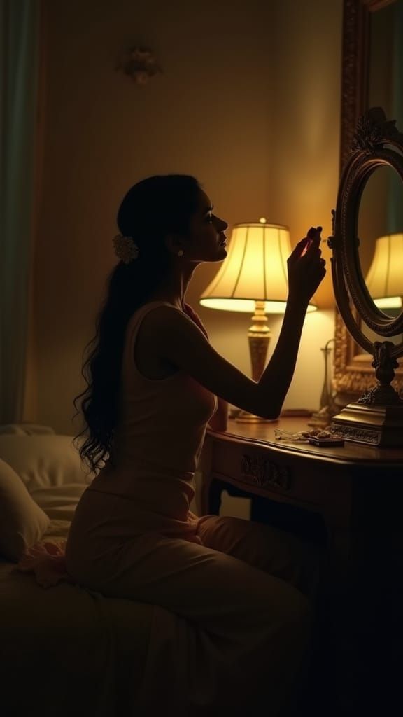 Indian Woman Applying Makeup in Dimly Lit Room