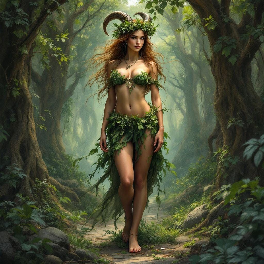 Woman Faun in Forest, Detailed Matte Painting