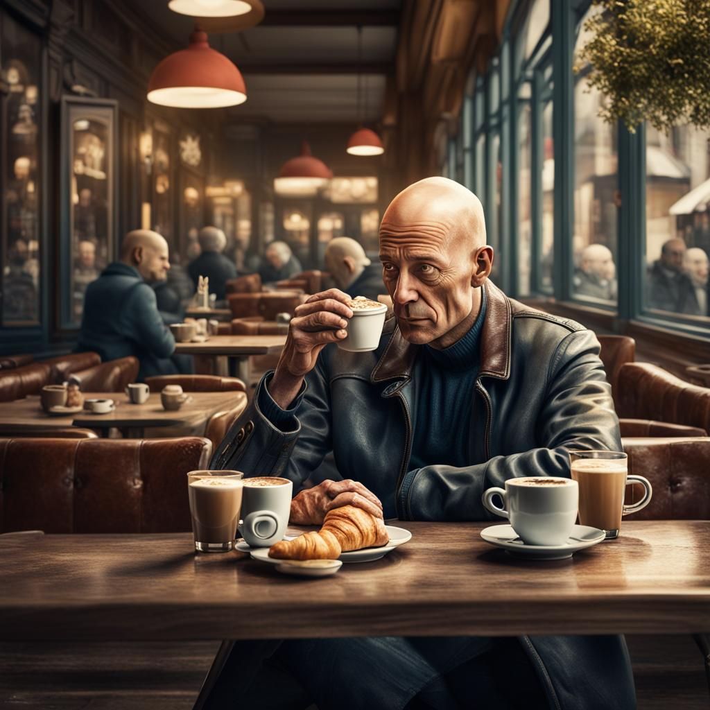French Cafe Scene: Man Enjoying Morning Coffee