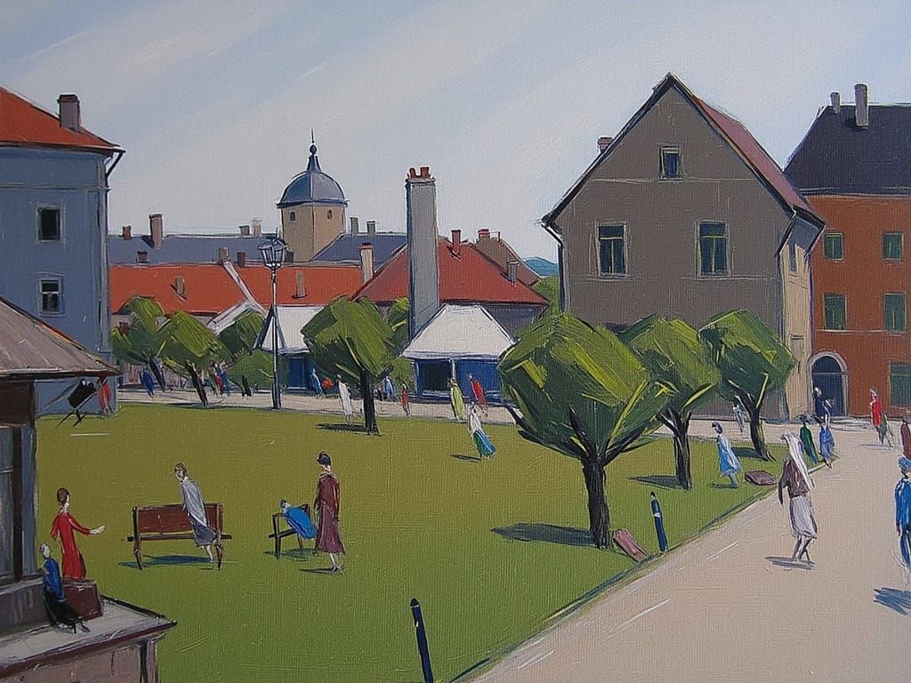 Charming French Impressionist Town Scene with Warm Sunlight