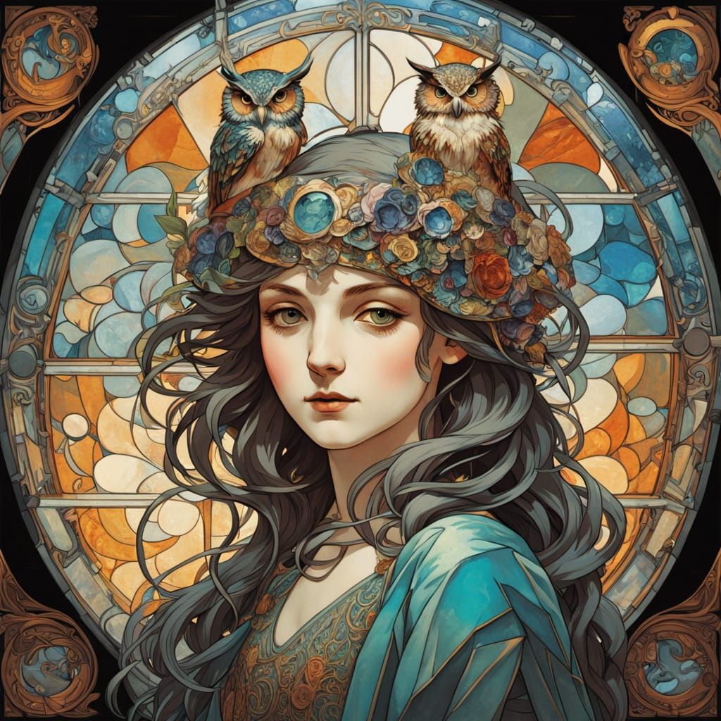 Shattered Rainbow Owl in Cathedral, Surreal Oil Painting