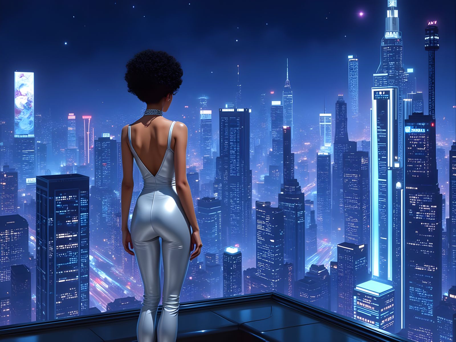 Glamorous Woman Overlooking Neon Cityscape in Cyberpunk Styl...