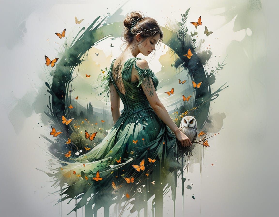 Enchanted Forest Scene with Woman and Owl