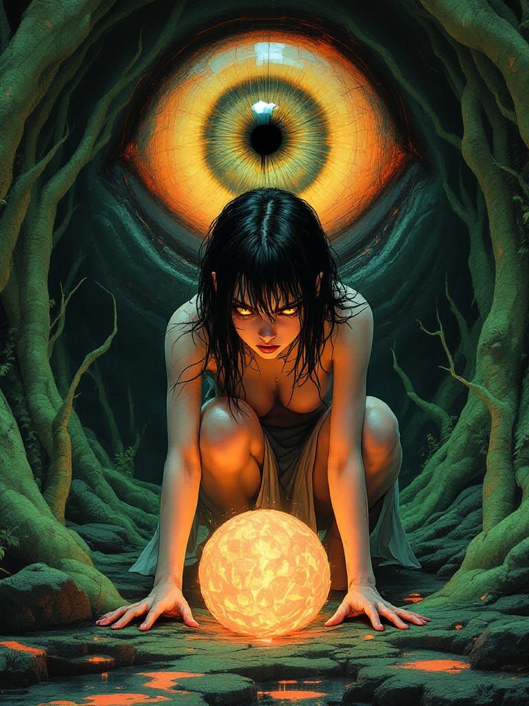 Mysterious Girl Reaches for Glowing Orb in Surreal Landscape