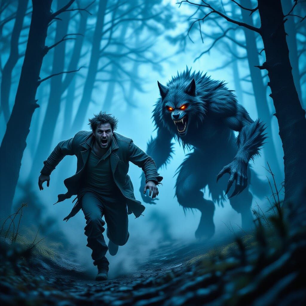Terrified Man Flees Gruesome Werewolf in Eerie Blue Forest
