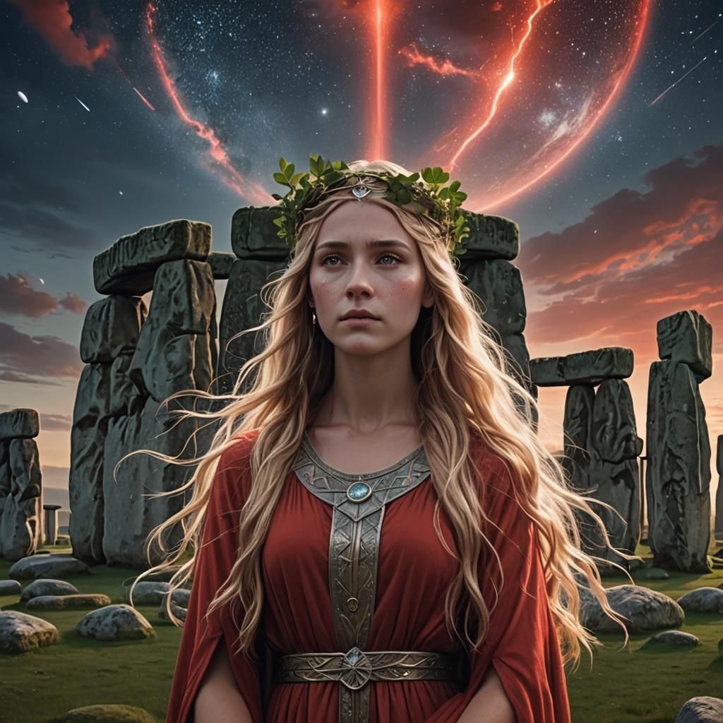 Priestess Praying at Stonehenge Under Comet Sky