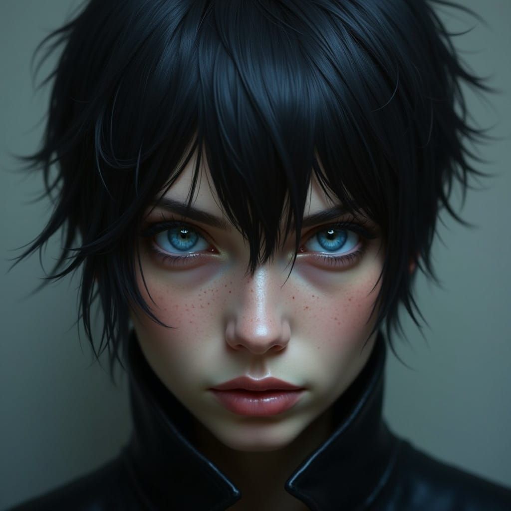 Hyper-Realistic Portrait of a Woman with Intense Blue Eyes