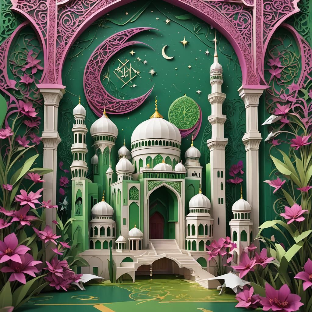 Eid Al-Fitri Card: 3D Anime Masjid in Origami Style