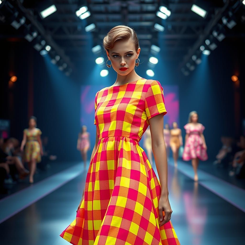 Confident Model Stands Tall in Vibrant 1950s-Inspired Gingha...