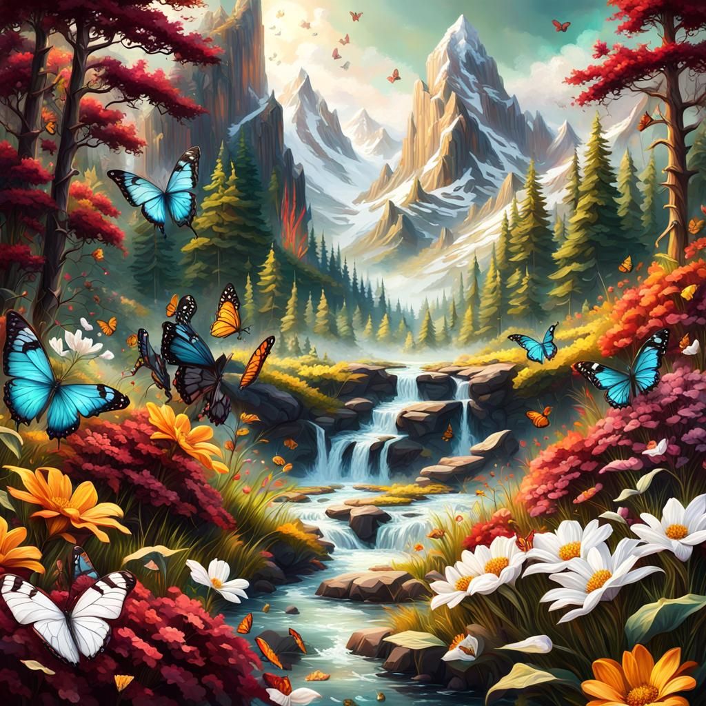 Enchanted Landscape Oil Painting with Butterflies