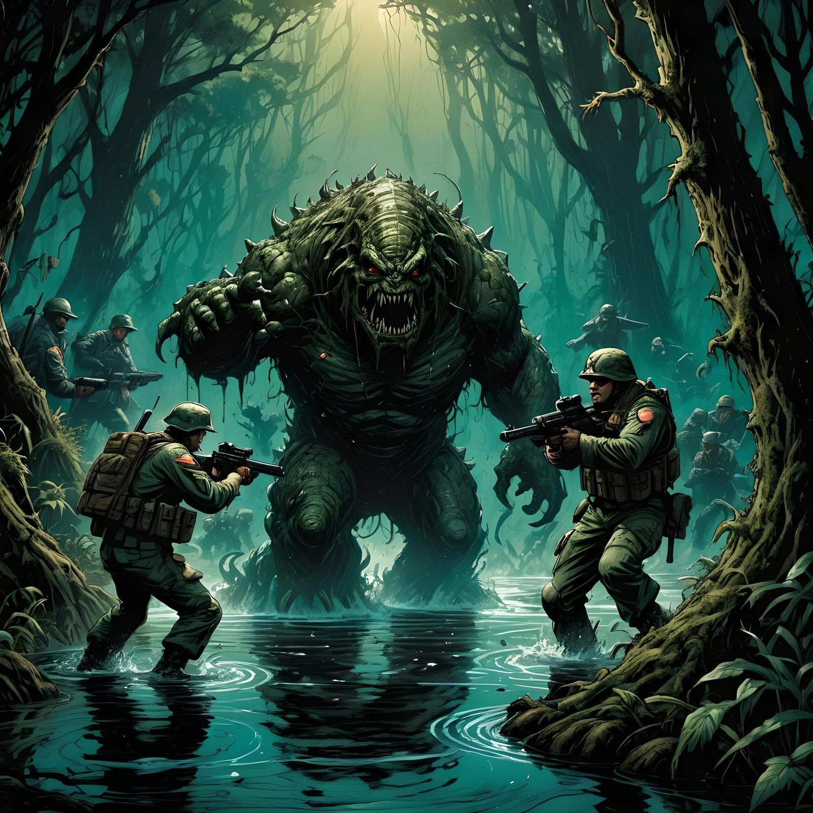 Soldiers Versus Swamp Monster in Comic Book Art