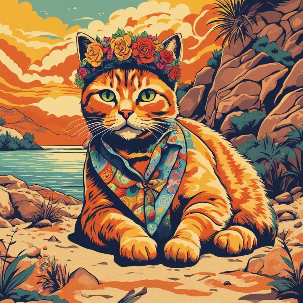 Bohemian Cat on Beach in Psychedelic Style