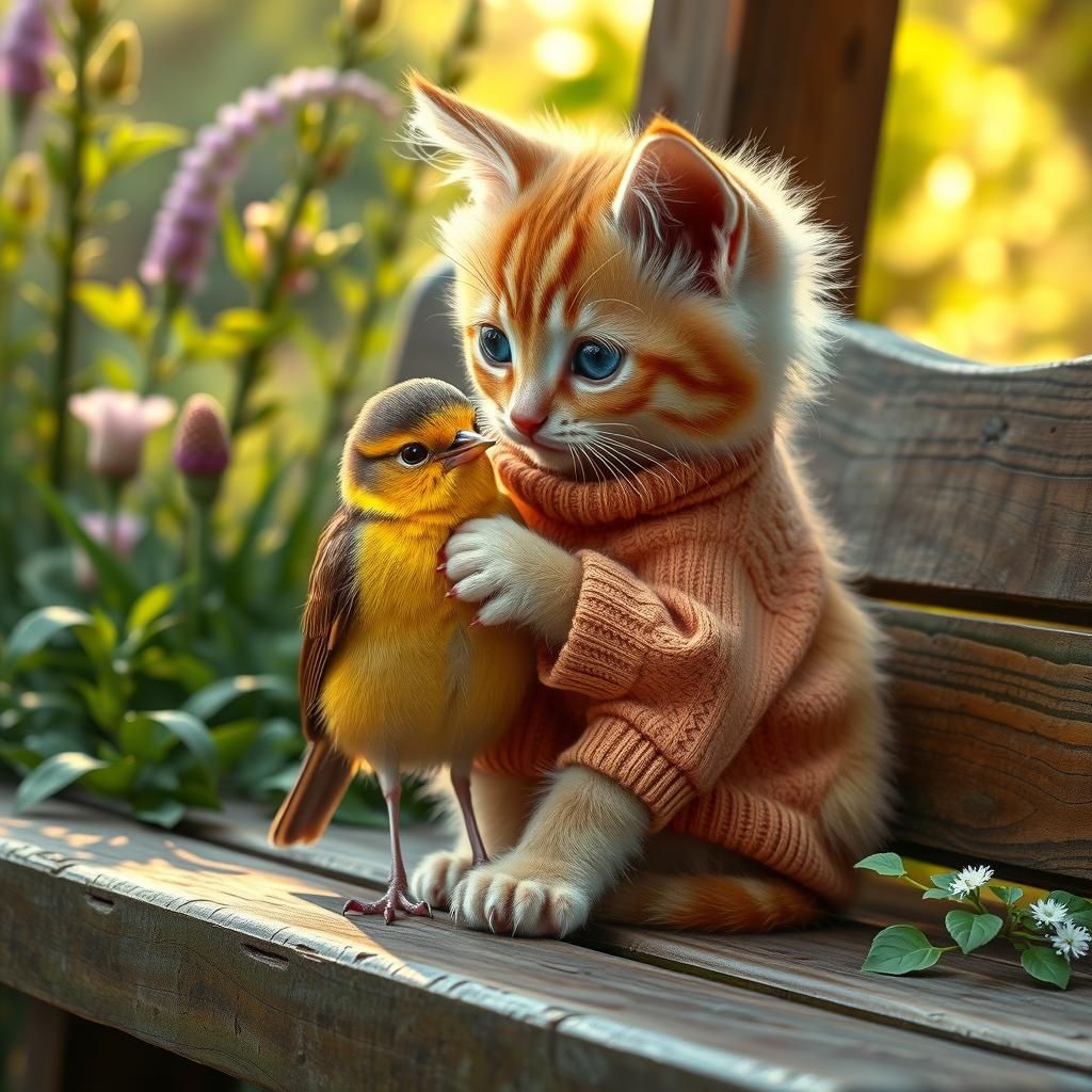 Kitten and Bird Embrace in Old Masters Style