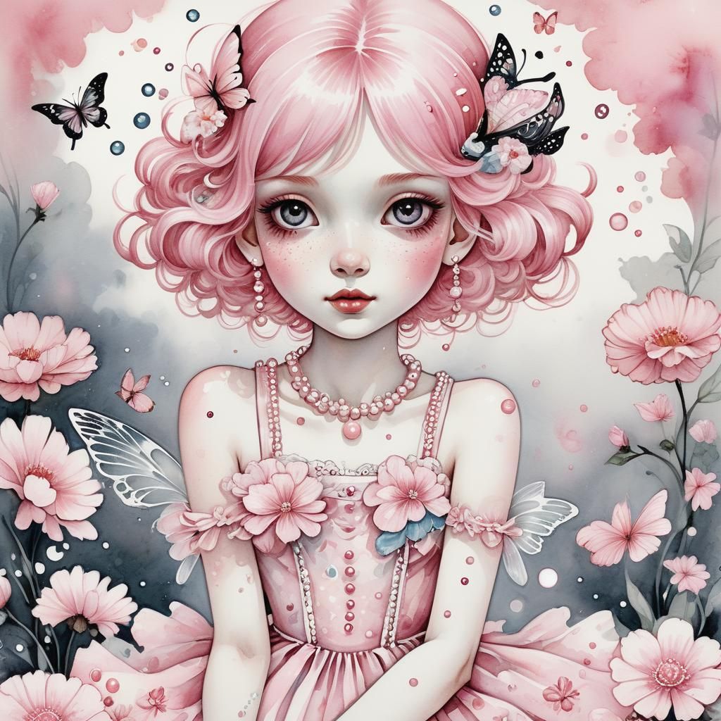 Pink Girl in Dreamy Watercolour Illustration
