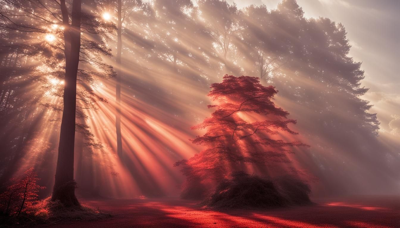 Red Fog and Heavenly Sunshine Through Clouds